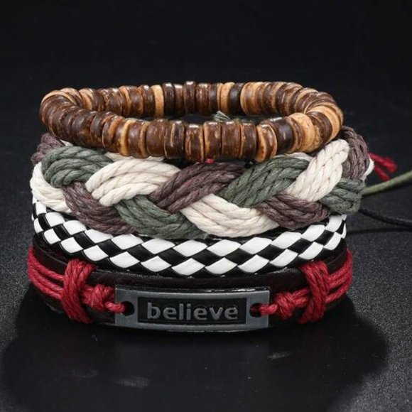 Handmade Set of 4 Multilayer Braided Leather Adjustable Rope Wood Beads Bracelet - Picture 6 of 6
